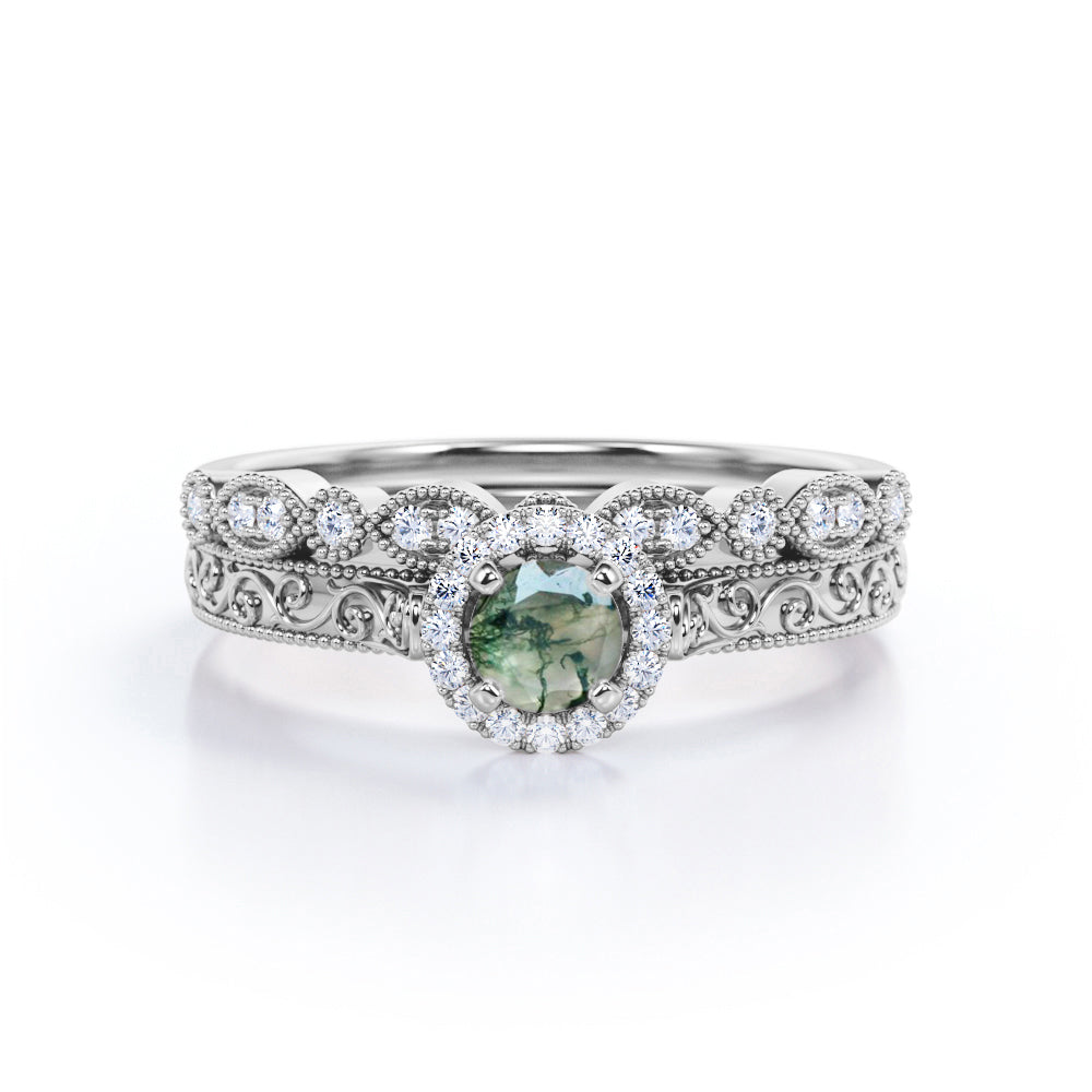 Authentic Filigree and Milgrain 0.9 carat Round cut Moss Green Agate and diamond wedding ring set in Rose gold