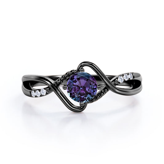 Twisted Branchlet 0.5 carat Round cut Synthetic Alexandrite and diamond infinity shank engagement ring in Black gold