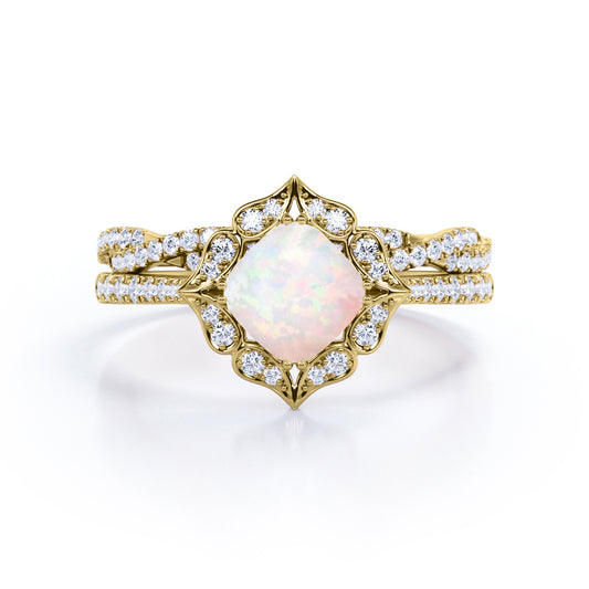 Vintage Style Floral 1.5 carat Cushion cut Australian Fire Opal and diamond Half-infinity wedding Bridal ring set