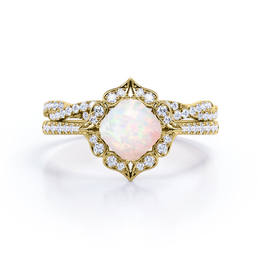 Vintage Style Floral 1.5 carat Cushion cut Australian Fire Opal and diamond Half-infinity wedding Bridal ring set