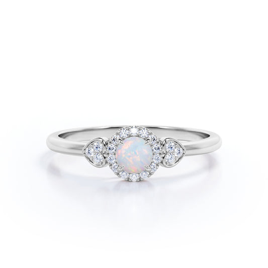Romantic  0.75 carat Round cut Fire opal and diamond 3 stone halo engagement ring for women-Heart ring