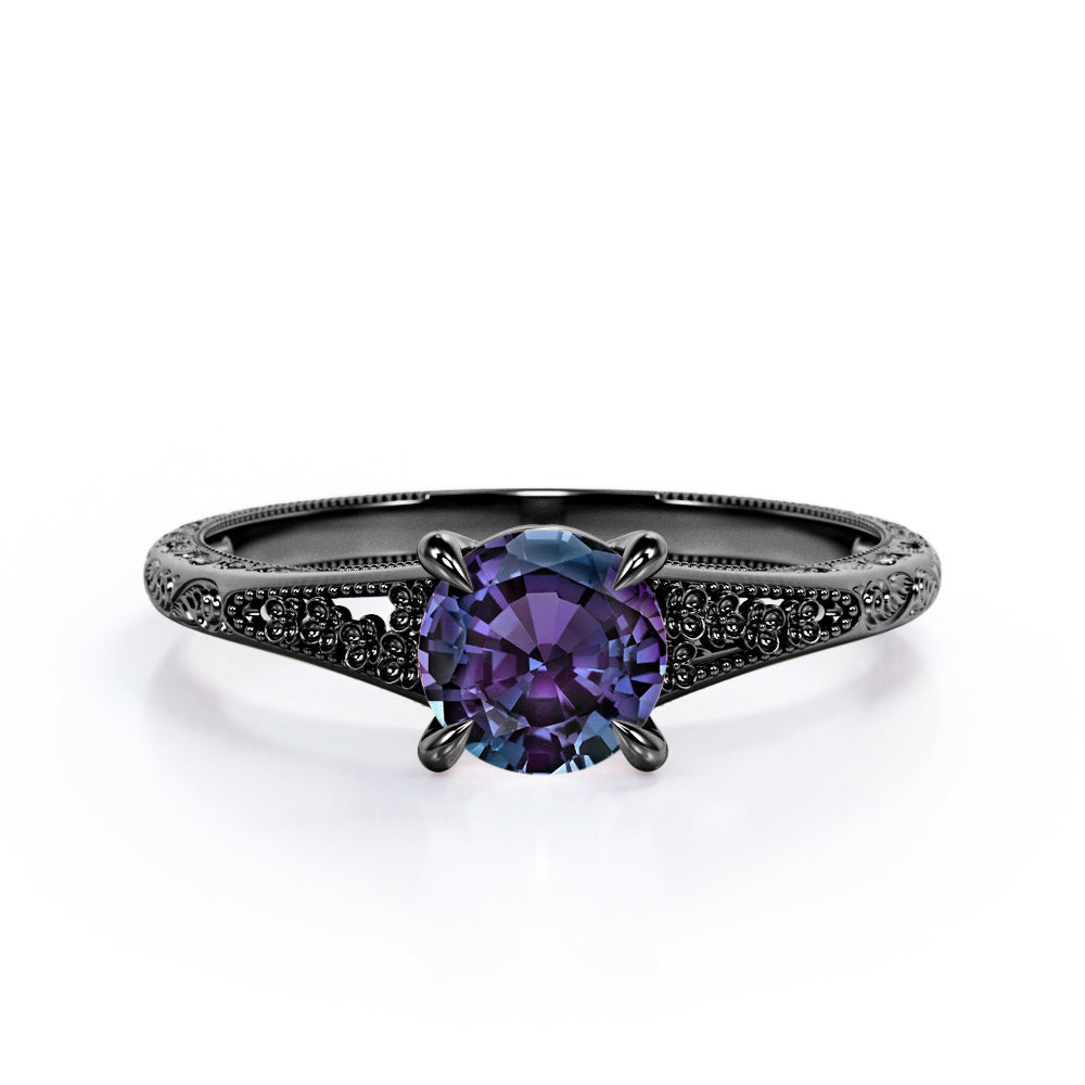 Floral Shank 1 carat Round cut Lab created Alexandrite solitaire engagement ring in Rose gold