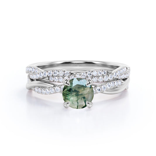 Minimal 4 Prong 1.5 carat Round cut Moss Green Agate and diamond Infinity Bridal set for her