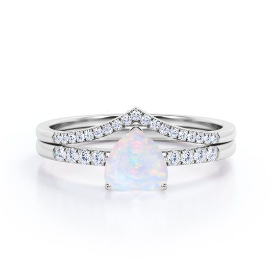 Romantic 1.30 carat Heart cut Opal and diamond-contoured-chevron wedding ring set for women in White gold