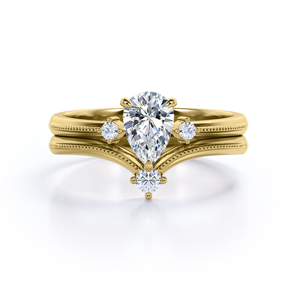 Chevron Tiara shaped 0.38 carat Milgrain border Pear cut diamond wedding set for women in Gold