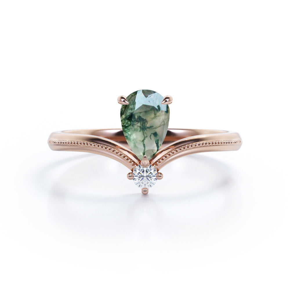 Unique V-shape style 1 carat Pear cut Moss Green Agate and diamond Milgrain border 2 stone Anniversary ring in White gold - Engagement ring