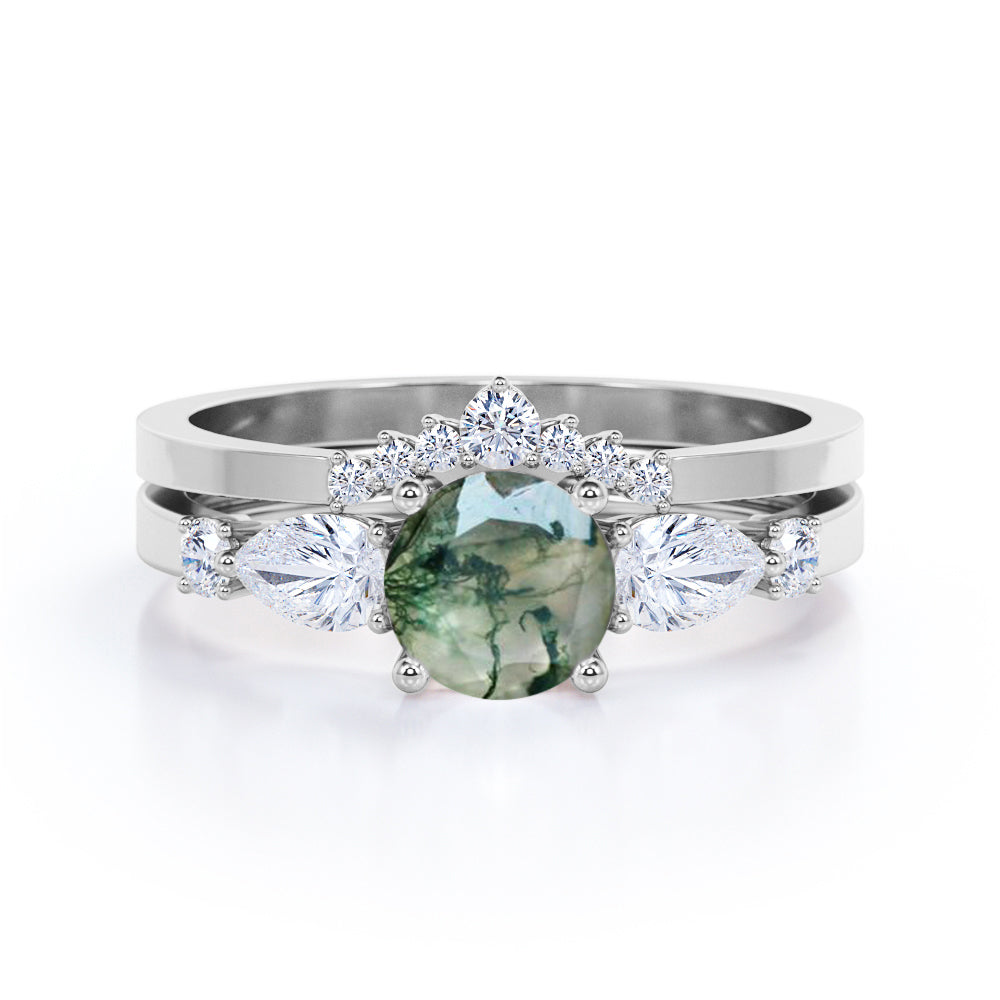 Fairytale Chevron 1.3 carat Round cut Moss Green Agate and diamond wedding ring set in Rose gold