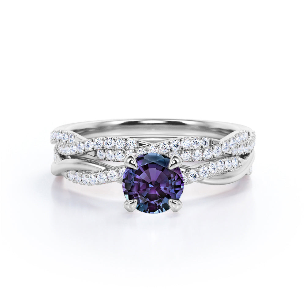 Simple Infinity twist 1.5 carat round cut Alexandrite and diamond 4 prong setting wedding ring set of her