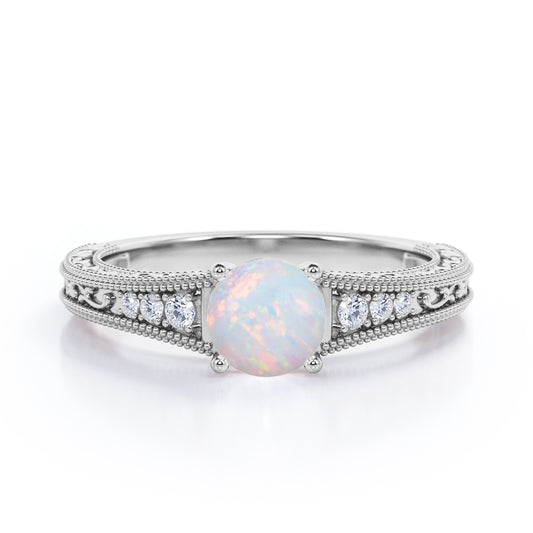 Victorian style inspired 1 carat Round cut Opal and diamond-filigree and milgrain-art deco engagement ring in White gold