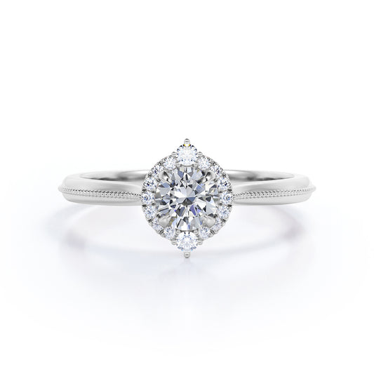 Pointed Halo 1.15 carat round cut moissanite and diamond bead-décor vintage engagement ring in White gold
