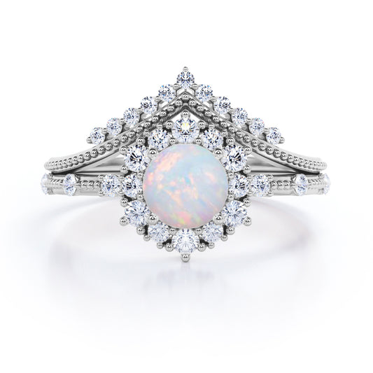 Engraved Chevron 1.35 carat Round cut Ethiopian Opal and diamond vintage halo wedding ring set for women in White gold