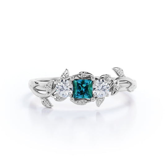 Unique 1 carat Princess cut manmade Alexandrite and white diamond Engagement ring with leaf design for women in White gold