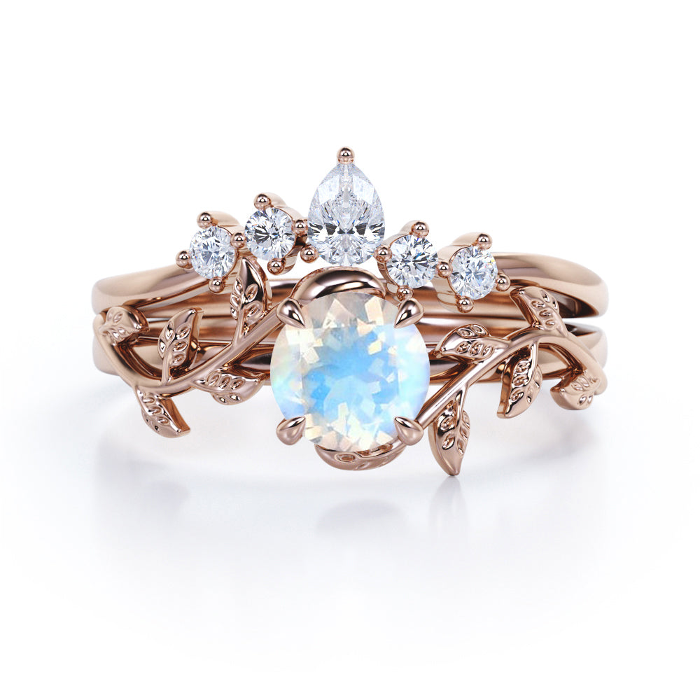 Vine Tiara 1.25 carat Round cut Moonstone and diamond nature themed wedding ring set in White gold