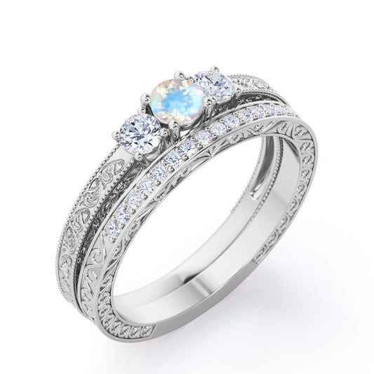 Past Present future 1.25 carat Round cut Vintage art deco Moonstone and diamond wedding ring set for her