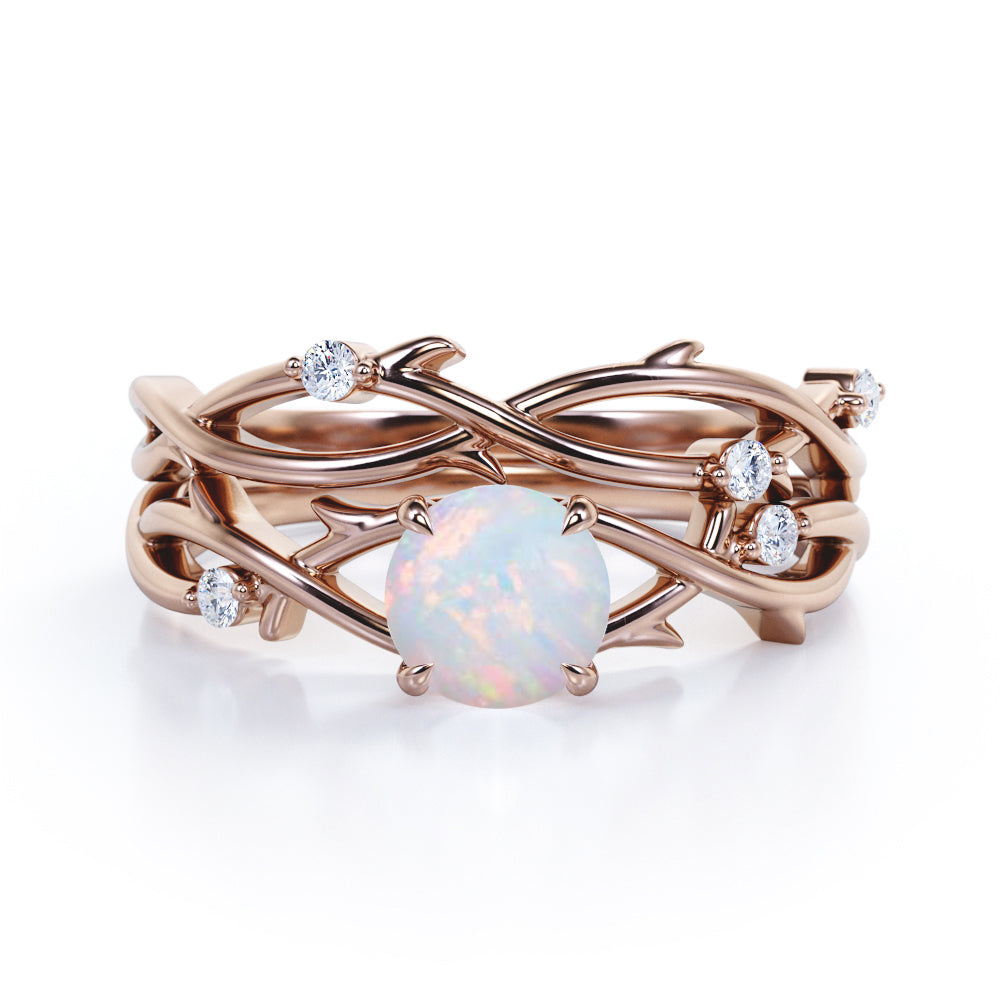 Twisted vine inspired 1 carat Round cut Opal and diamond claw prong wedding ring set for women in Black gold