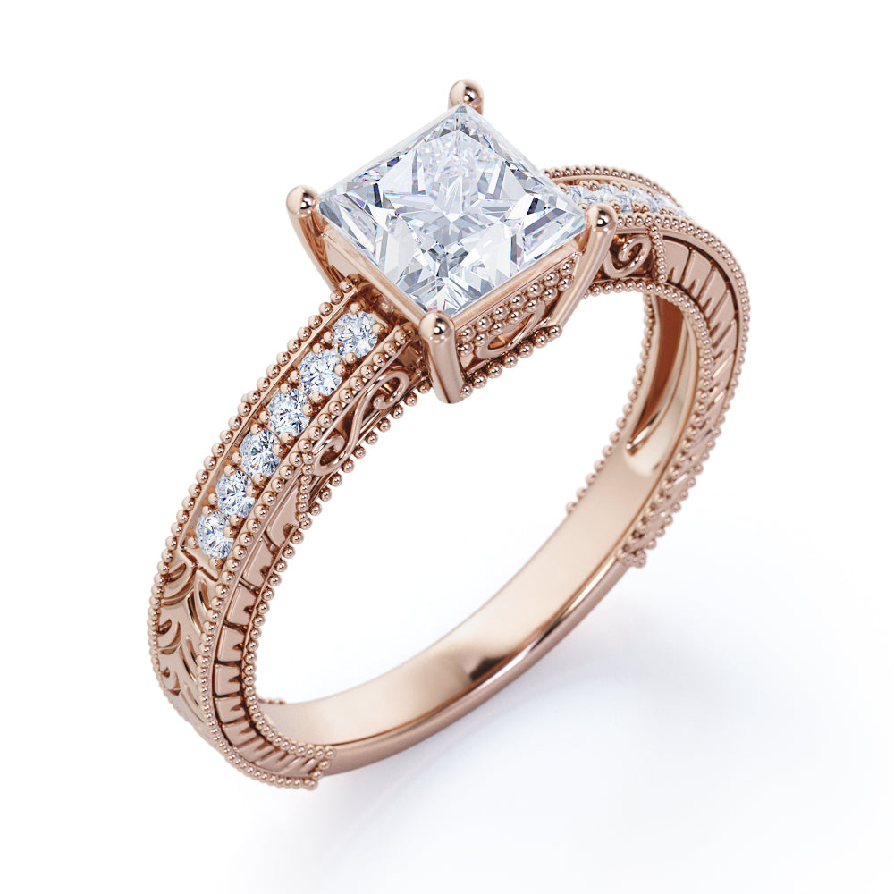 Vintage Milgrain 1.15 carat Princess cut Moissanite and diamond Engrav –  Radhes.com