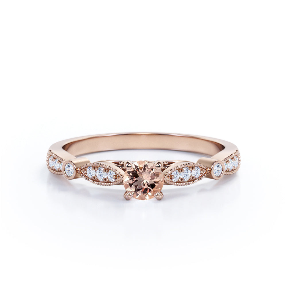 Timeless 0.75 carat Round cut Peach pink Morganite and diamond pinched shank engagement ring in White gold