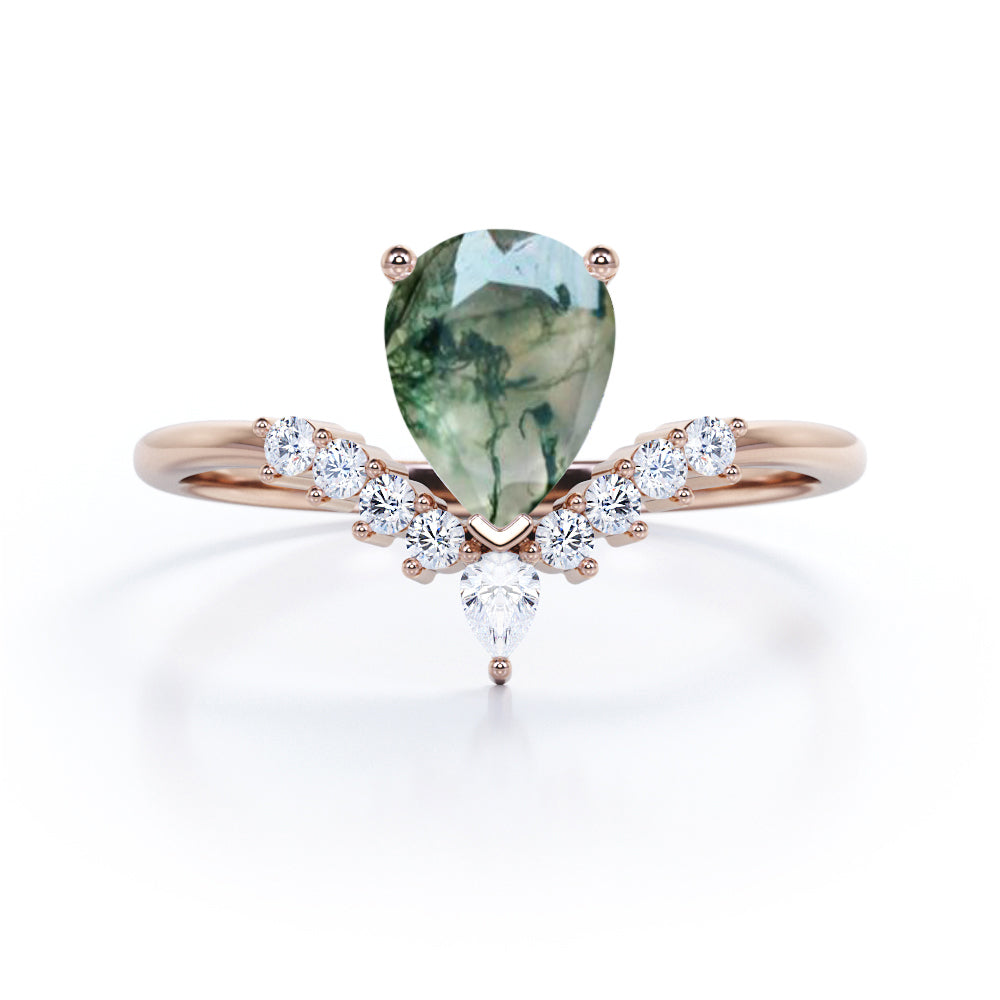 Art deco V-shaped 1.15 carat tear drop shaped Moss Agate and diamond tiara inspired promise ring in Black gold