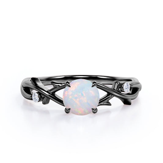 Dainty twig 1 carat Round cut Ethiopian Opal and diamond vintage infinity engagement ring in Black gold