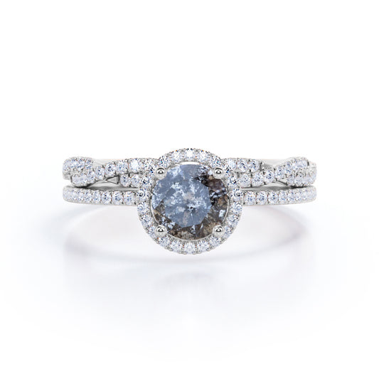 Vintage Halo 1.1 carat Round cut salt and pepper diamond Engagement ring with diamond infinity wedding band - Bridal set in White gold