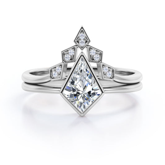 Kite Chevron 1.15 carat Moissanite and diamonds bezel wedding ring set for her in White gold