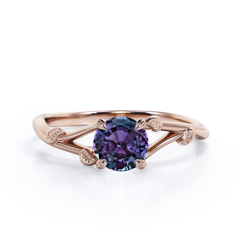 Nature inspired 1 carat Round cut Lab created Alexandrite vine split shank engagement ring in Black gold