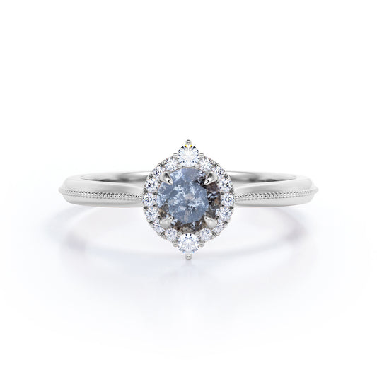 Milgrain Edge 0.55 carat round cut salt and pepper diamond and White diamond artistic halo wedding ring set in White gold