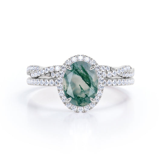 Infinity Halo 1.75 carat Oval cut Moss Green Agate and diamond Antique Bridal Wedding ring set for women in gold