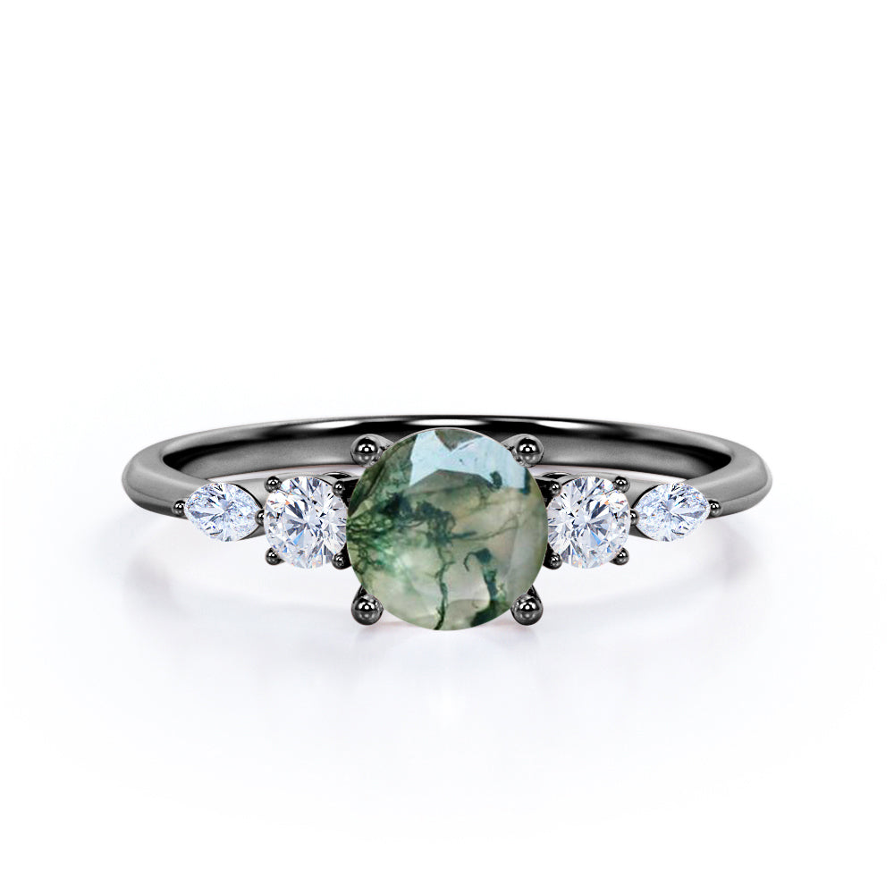 Artistic Prong basket 1.1 carat Round cut Moss Green Agate and diamond 5 stone engagement ring in Rose gold