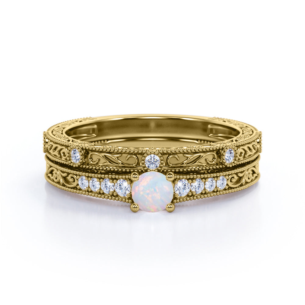 Authentic art deco 0.45 carat Round cut Ethiopian Opal and diamond Edwardian filigree Bridal set in Rose gold