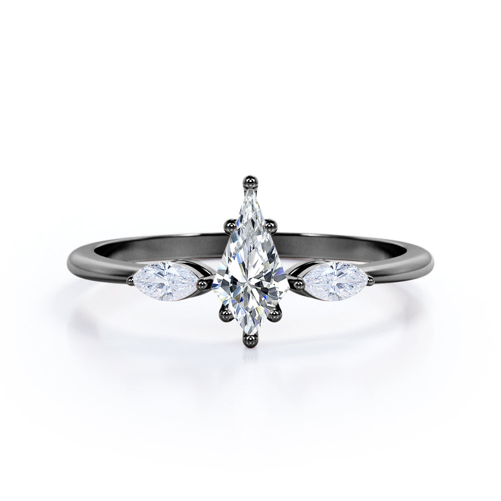 Unique 3 stone  1.1 carat Kite shaped Moissanite and marquise diamonds engagement ring in White gold