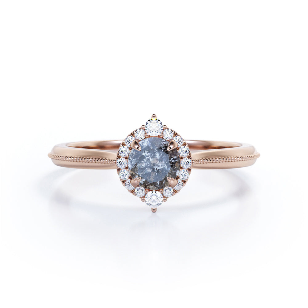 Milgrain Edge 0.55 carat round cut salt and pepper diamond and White diamond artistic halo wedding ring set in White gold