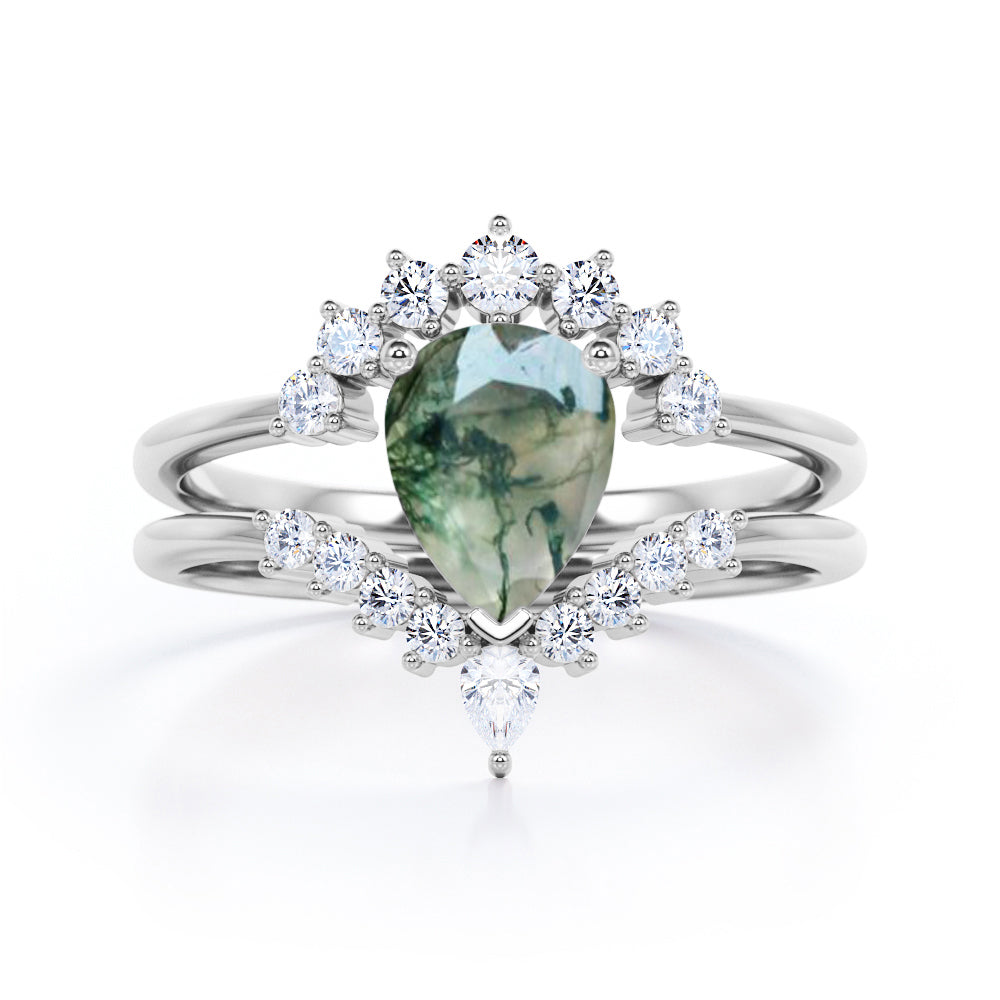 Vintage Crown inspired 1.25 carat Pear cut Moss Green Agate and diamond art deco Bridal set for women in Rose gold