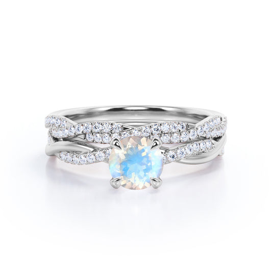 Twisted infinity 1.5 carat Round cut Prong setting Moonstone and diamond Wedding ring set for women in gold