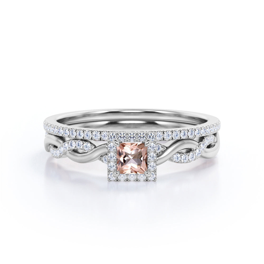 Unique Snake Twists 1 carat Princess cut Natural Morganite and diamond pave setting wedding ring set for women in Rose gold