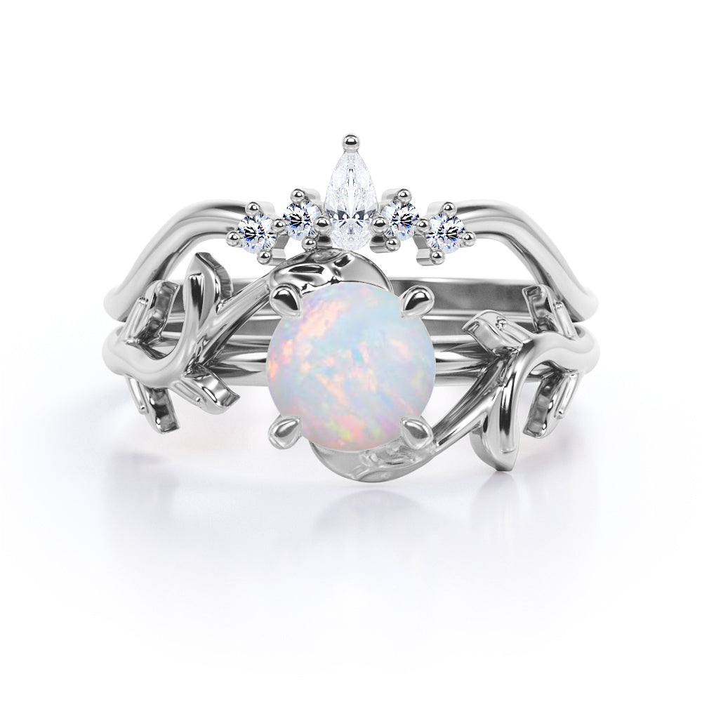 Artistic 1 carat Round cut Australian Opal and diamond crown style engagement ring set for women in Rose gold