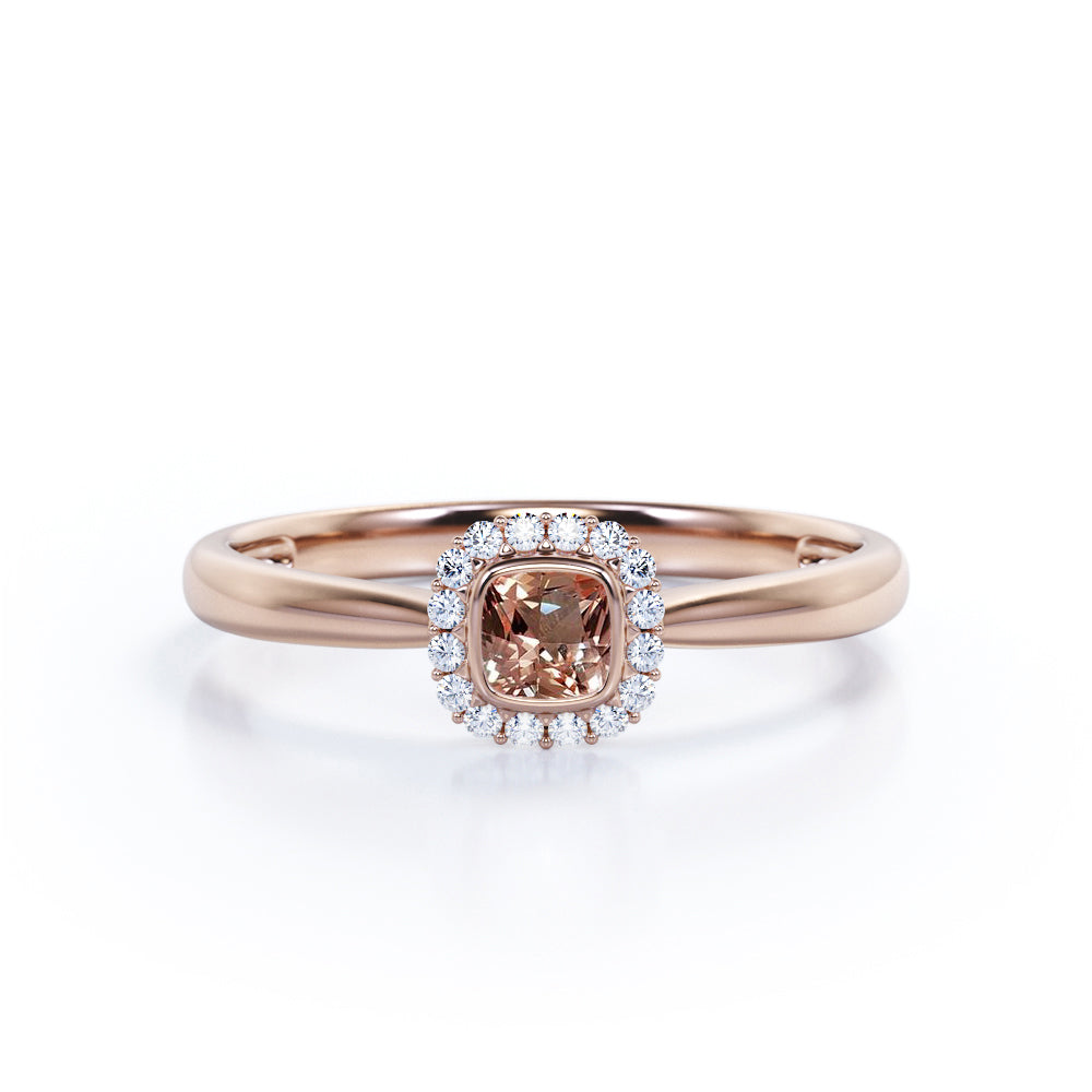 Pinched Shank setting 0.65 carat Cushion cut Morganite and diamond Floral halo engagement ring in White gold