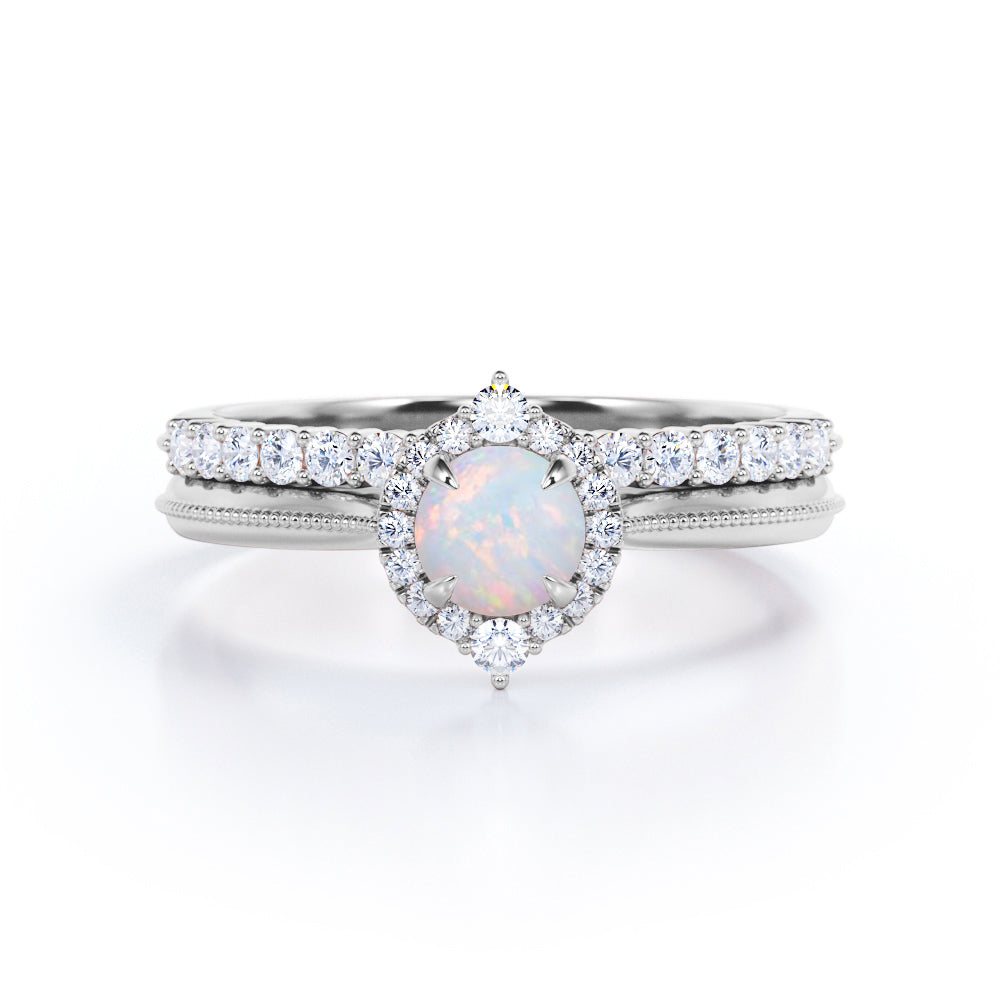 Unique Halo 0.8 carat Round cut Ethiopian Opal and diamond Milgrain Bridal set for women in gold