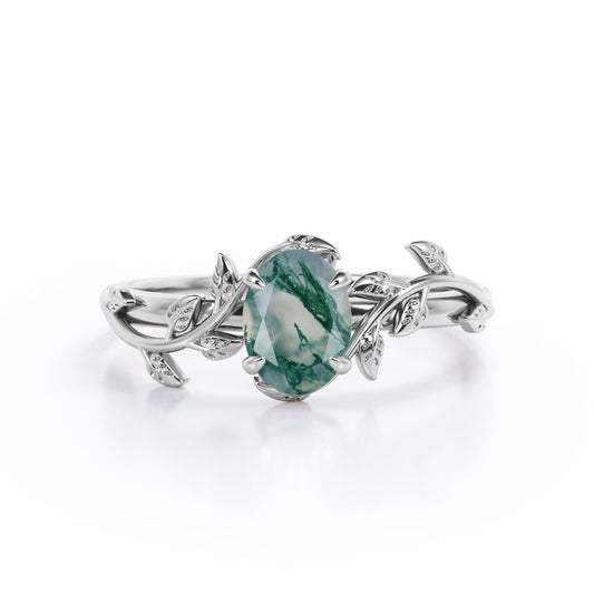 Stylish 1 carat Oval cut Moss Green Agate tree Branch Engagement ring for women in White gold - Promise ring