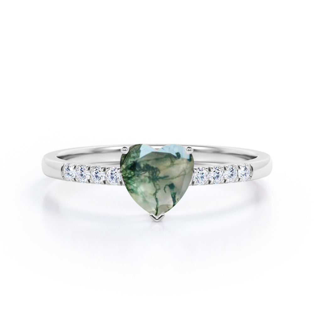 Vintage Pave 1.2 carat heart shaped Moss Green Agate and diamond eternity engagement ring in Black gold