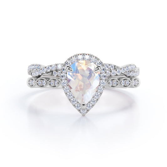 Art deco Antique 1.75 carat Pear shaped Milgrain Moonstone and diamond Wedding ring set- Anniversary ring in White gold