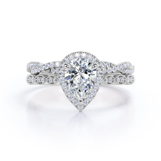 Milgrain Edge 1.60 carat pear shaped moissanite and diamond vintage infinity ring set in White gold- wedding ring set
