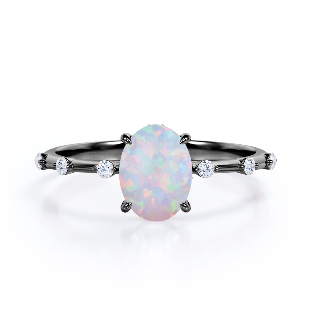 Minimalistic 1 carat Oval cut Australian Opal and diamond dainty twig engagement ring in White gold