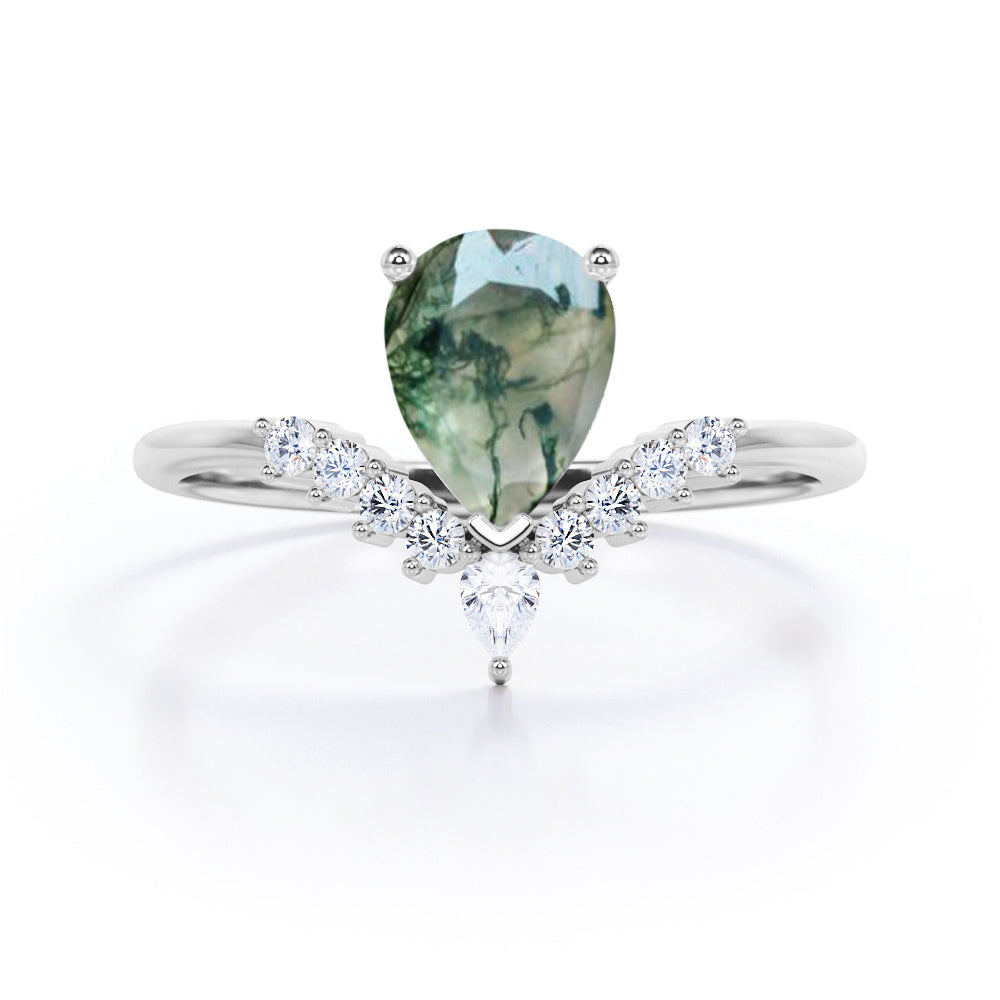 Art deco V-shaped 1.15 carat tear drop shaped Moss Agate and diamond tiara inspired promise ring in Black gold