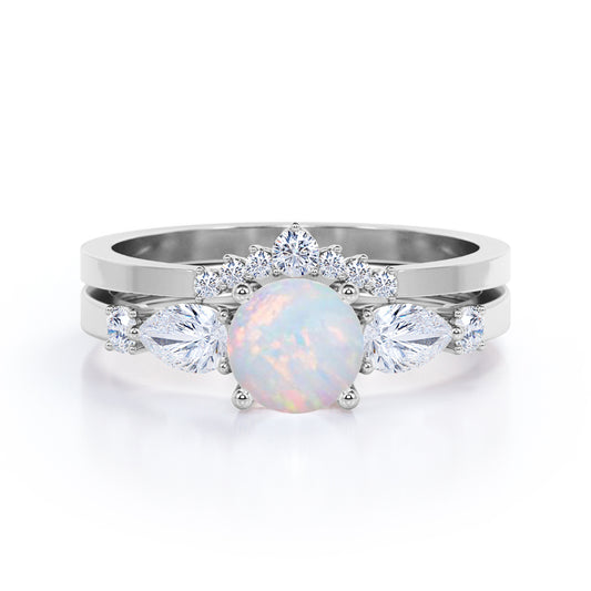 Tiara style 1.4 carat Round cut Opal and diamond beveled shank ring in White gold- Engagement ring for women