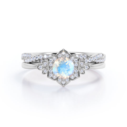 Art deco flower inspired 1.5 carat round shape Moonstone and diamond Bridal set with matching half-infinty wedding ring band for her