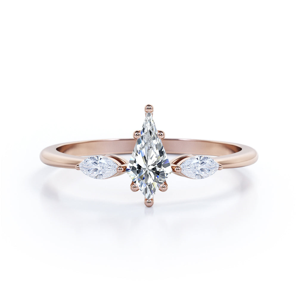 Unique 3 stone  1.1 carat Kite shaped Moissanite and marquise diamonds engagement ring in White gold