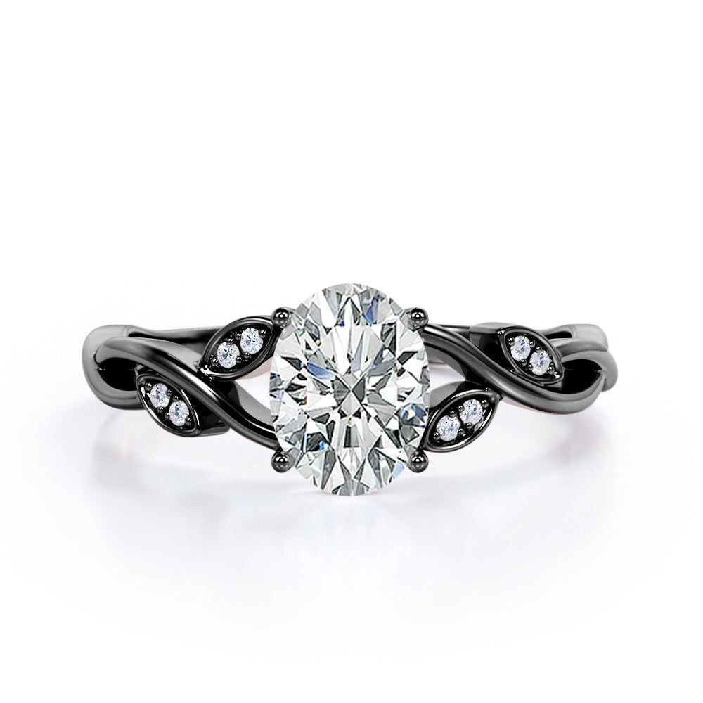 Twisted Vine 1.1 carat Oval cut Moissanite and diamond marquise bezel engagement ring in White gold