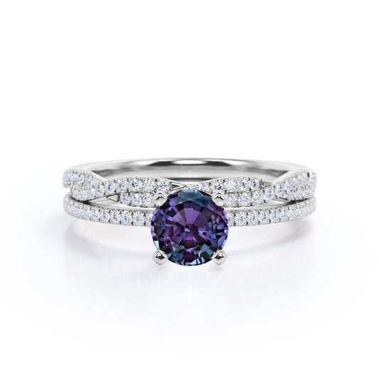 Classic 4 prong 1.5 carat Round cut Synthetic Alexandrite and diamond half-infinity Bridal set for her in White gold- Wedding ring set