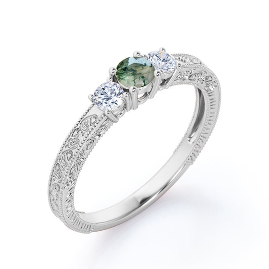 Past Present future 0.6 carat Round cut Moss Green Agate Milgrain Filigree Engagement ring in White gold